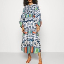 Farm Rio Blue Mixed Tropical Palm Print Balloon Sleeve Midi Dress Sz Small Boho