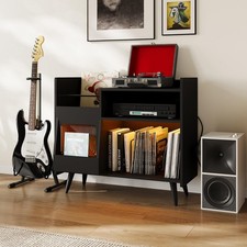 Large Record Player Stand Vinyl Storage Cabine w/LED Lights Charging Station