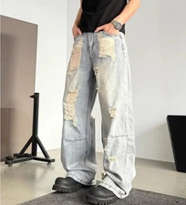 Men's Light Blue Denim Jeans Straight Leg Casual Pants Ripped Holes Hip Hop New