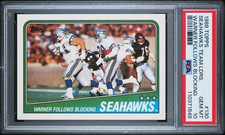 1988 TOPPS #130 SEAHAWKS TEAM LDR PSA 10 GEM MINT WARNER FOLLOWS BLOCKING POP 23