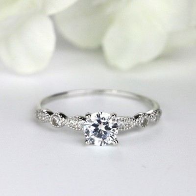 0.75CT Excellent Round Cut VVS1 Moissanite Engagement Ring 14K White Gold Plated