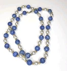 Blue Crackle Glass Faux Pearl Necklace Vintage Gold Tone Costume Jewelry