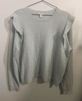 Garnet Hill Cashmere Knit Ruffle Crew Neck Pullover Sweater Ice Blue XL