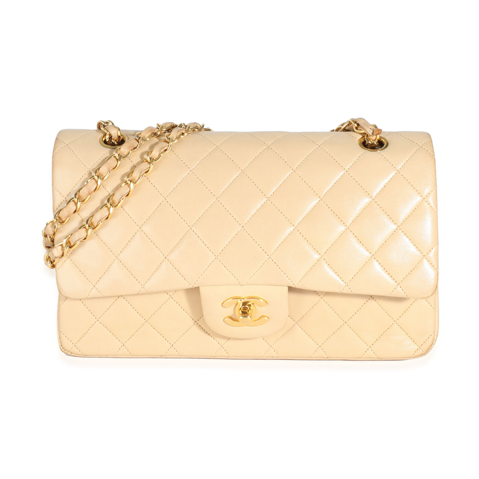 Chanel Vintage 24K Beige Quilted Lambskin Medium Classic Double Flap Bag