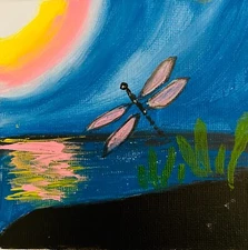 Dragonfly Painting ORIGINAL ART Insect Painting Sunset Painting Art Nursery