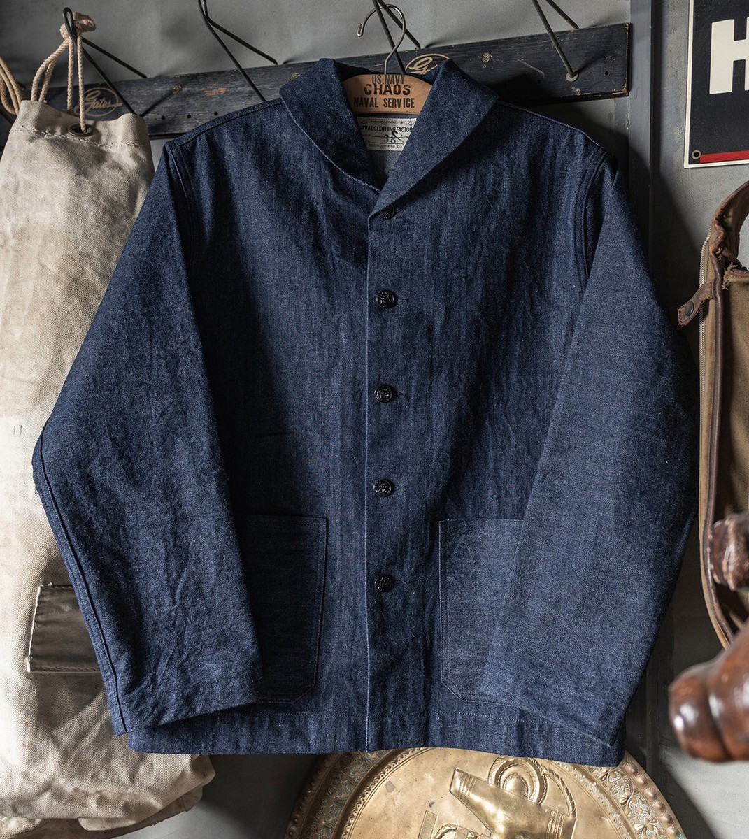 Bronson USN Dungaree Selvedge Denim Jacket Men Shawl Collar Chore