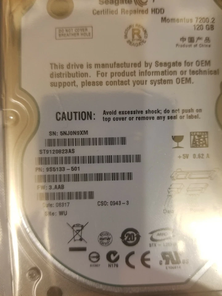 Seagate ST9120823AS PN 9S5133-501 FW 3.AAB WU 120GB SATA  2.5" HD Date 08317 - Image 2 of 2
