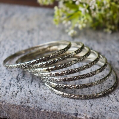 Solid 925 Sterling Silver Bangles, Hammered Bangles Stacking Set of 7 Bangles
