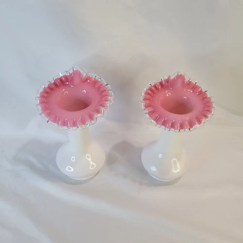 Pair of Fenton Glass White/pink Silvercrest Jack in the Pulpit Vases Beautiful