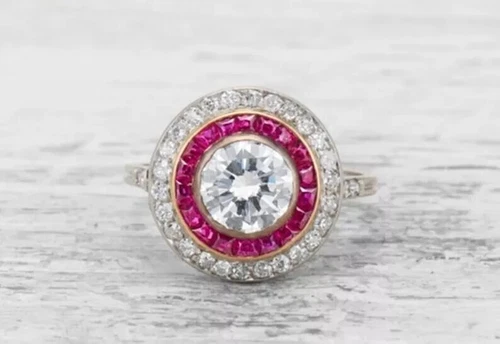 Art Deco Round Cut Lab Created Diamond & Ruby Halo 925 Silver Engagement Ring - Picture 1 of 8