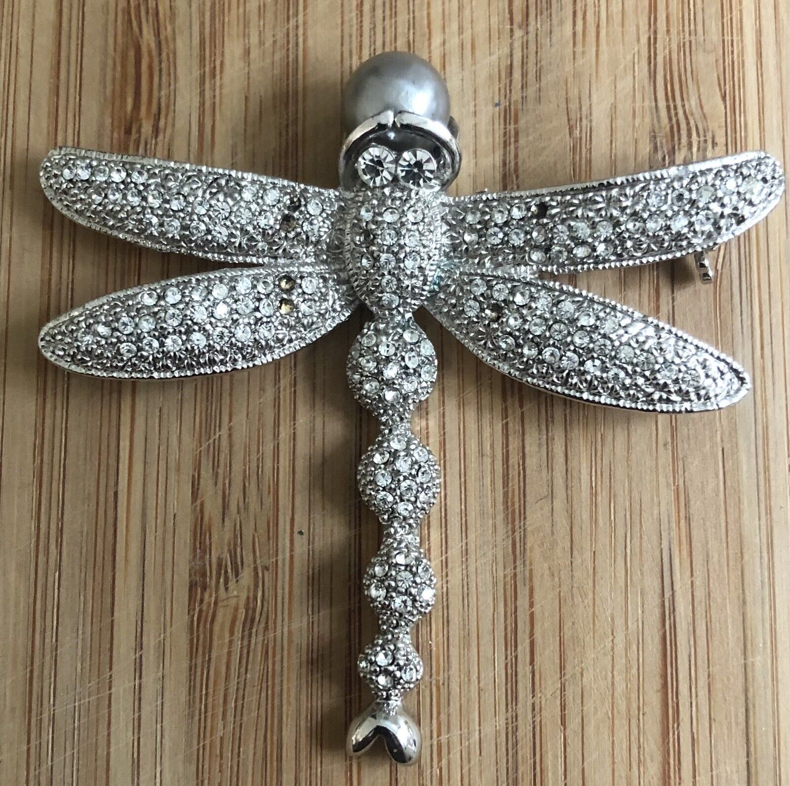 Vintage Large Dragonfly Brooch Pin Silver Tone wi… - image 1