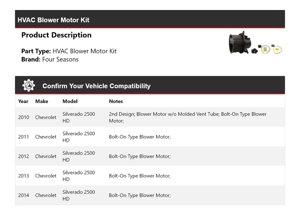 Kit de motor soplador HVAC para Chevrolet Silverado 2500 HD 2010-2014 4 estaciones 2011 Foto 2 de 3