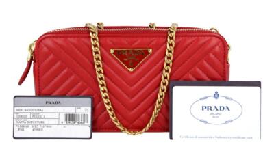 PRADA Leder Diagramme Mini Tasche Schulter Handtasche Rot Gold NEU
