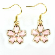 Cute New Yellow Gold Plated Pink Enamel Crystal Flower Hook Dangle Earrings