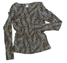 ADEC 2 Multi Leopard Silk Blend Long Sleeve Boat Neck Top Size Medium K2