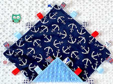 Double Minky Navy Anchors Minky Blue Minky Taggie Security Blanket, Baby