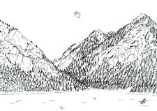 Zeichnung Alpen im Original A5 Liner Art Kunst Painting Malerei Deko Bild