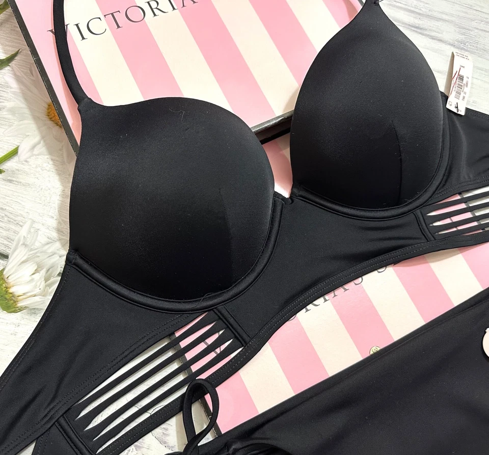 Victoria's Secret Bomba de Natación + 2 Tazas Push-Up Longline Top Juego de Corbata Lateral Negro Foto 4 de 4