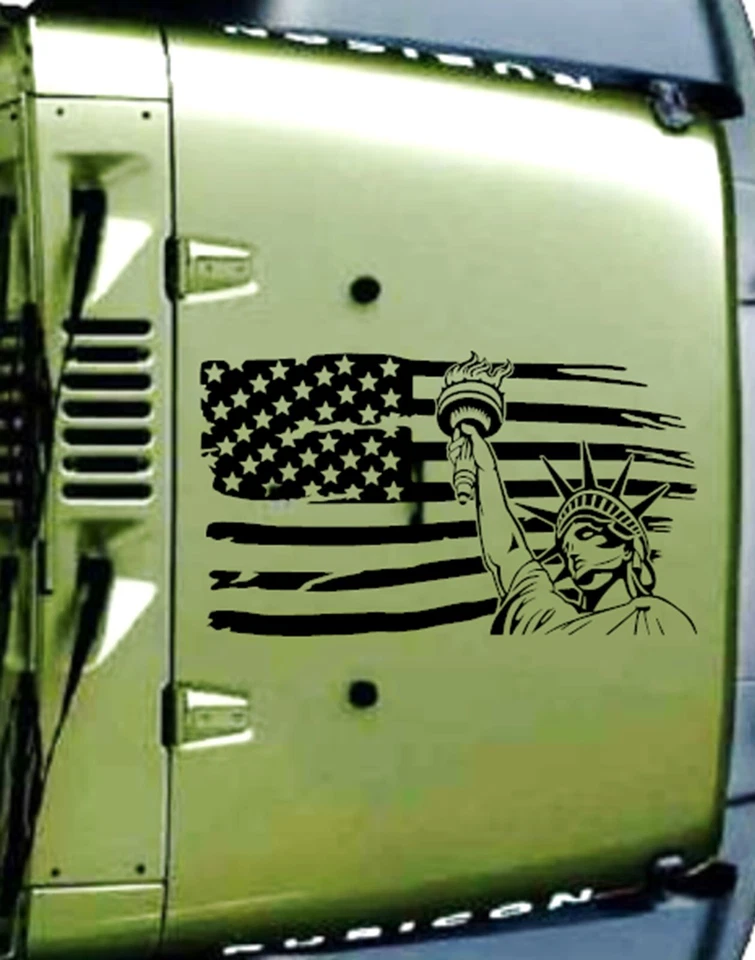 ESTATUA DE LA LIBERTAD EE. UU. Bandera capó puerta vinilo calcomanía rayas carreras (se adapta a Jeep) Foto 3 de 4