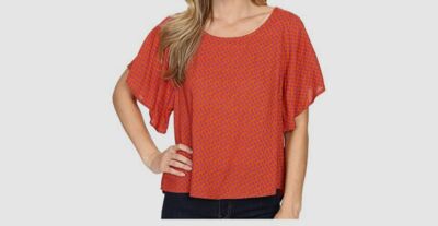 $95 Prana Women's Red Leaf Printed Flutter Sleeve Scoop Neck Emmi Top Size Small