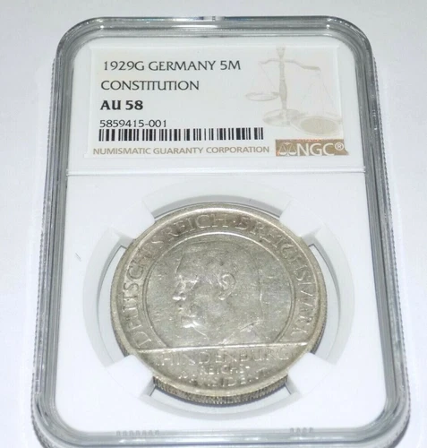 GERMANY WEIMAR CONSTITUTION 1929G 5M 5 MARK REICHSMARK NGC AU58 AU 58 RARE Coin 