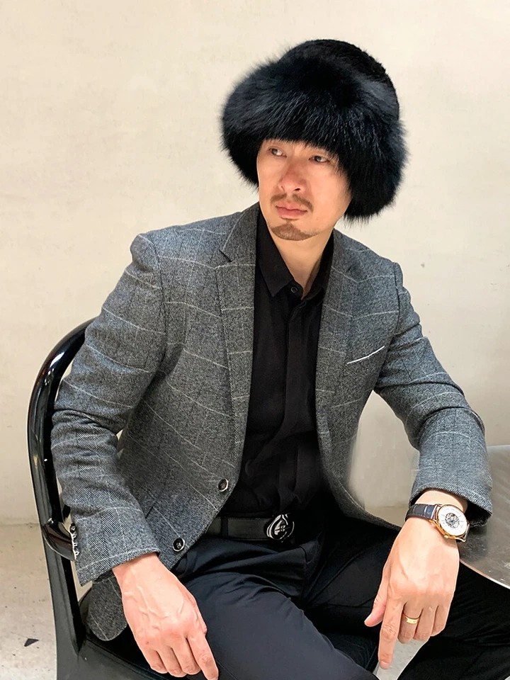 Men's Real Mink Fur Hat Fox Fur Brim Winter Warm Bucket Hat Outdoor Ski Cap - Image 3 of 4