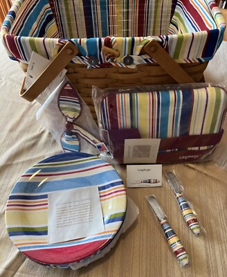 Longaberger Large Picnic Basket Set Sunny Day Stripe Liner, Plates, Tote & More!