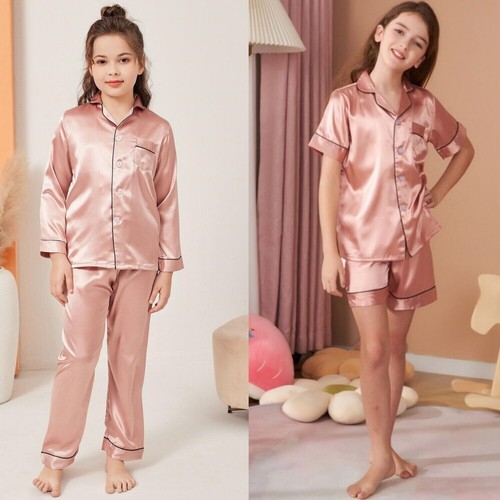 UK Boys Girls Silk Pyjamas Nightwear Top Pants Pjs Satin Sleepwear Outfits Kids - Picture 19 of 29