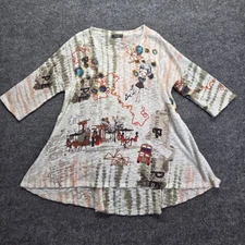 Inoah Tunic Top 3/4 Sleeve High Low Abstract Artsy Art-to-Wear Small