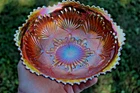 ANTIQUE IMPERIAL SHELL AND SAND CARNIVAL GLASS ROUND BOWL - MARIGOLD