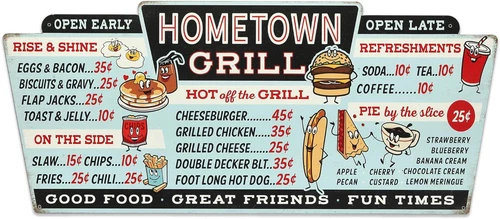 Hometown Grill Vintage Metal Menu Sign for Kitchen or Dining Room Decor