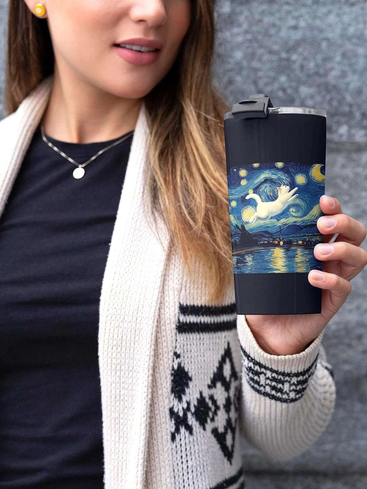 Gobelet inox 40 oz gravé chat Van Gogh tumbler de voyage premium