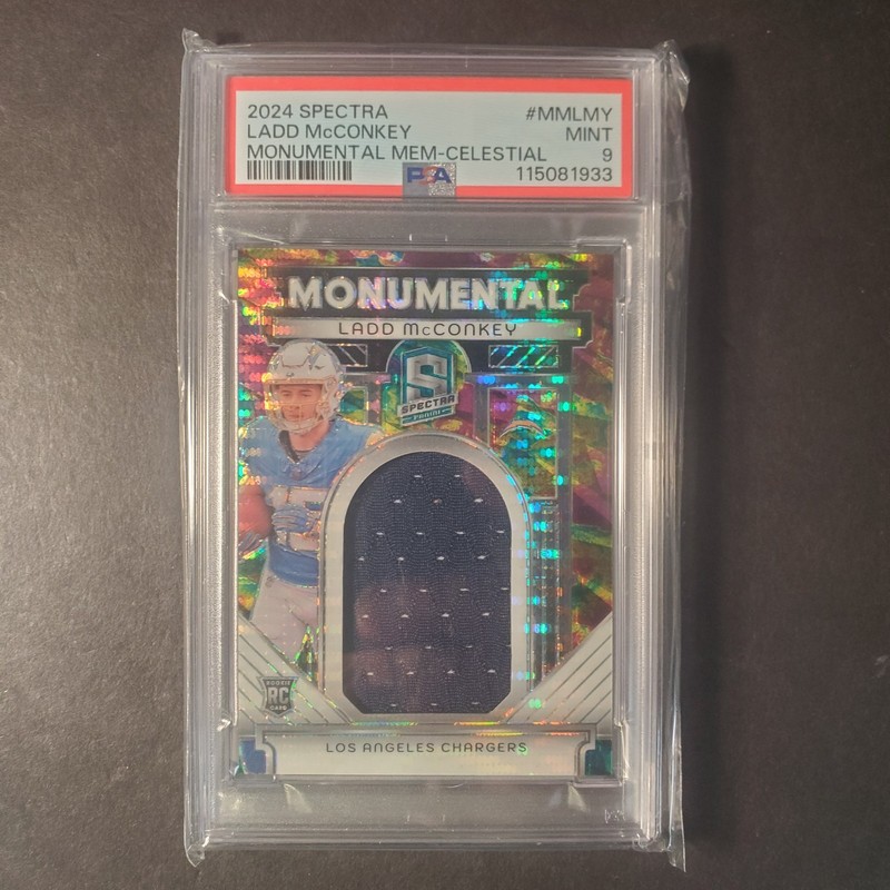 Ladd McConkey 2024 Spectra Monumental Mem Celestrial RC Patch /75 PSA 9