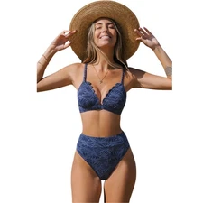 Cupshe Women's Floral Jacquard Scalloped Bralette & High Waist Bikini Set Small