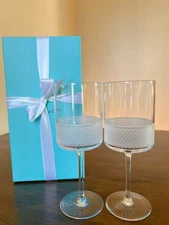 Tiffany & Co Diamond Point Crystal White Wine Glasses Set of 2 New In Box RARE