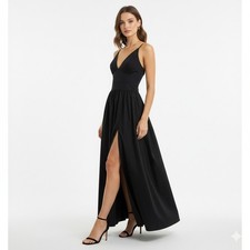 Fashion Nova NovaLuxe Paycie Black Poplin Maxi Dress Size Small Deep-V NWT