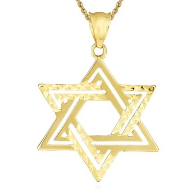 Real 14K Gold Diamond-Cut Textured Double Row Star of David Pendant 1''