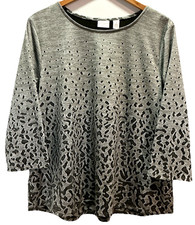 Chicos Weekend Top Size 3/XL-16 Black Gray Leopard Pullover 3/4 Sleeve Polyester