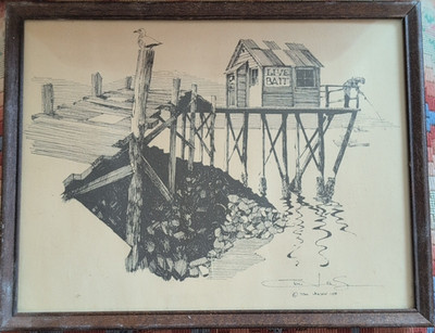 Tom Jensen 1974 Framed Signed Ink Drawing Live Bait Shack Realism Illustration