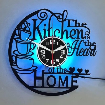 Vinyl Wall Clock with 7-Color LED, The Kitchen is The Heart of The Home Desig...