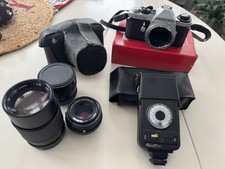 Pentax ME Super 35mm SLR Film Camera 3 Lenses Flash Strap Bag Vintage NOT TESTED