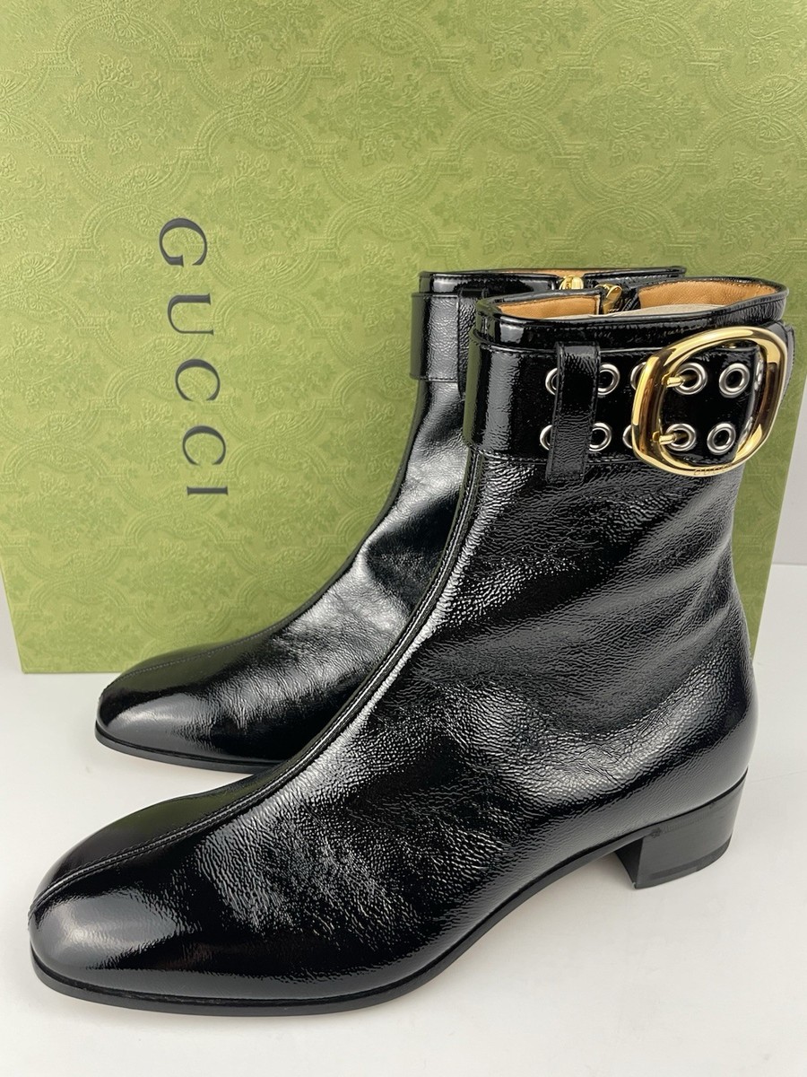 Gucci 739926 Black Patent Leather Buckle Ankle Boots Men's Size
