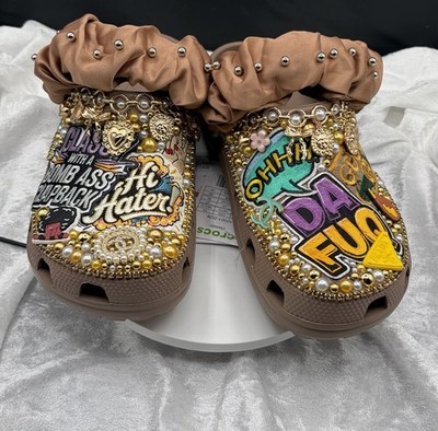 Crocs Slide Sandals Brown Women s US 10 Slip On Rubber Beaded Pearl Rhinestone