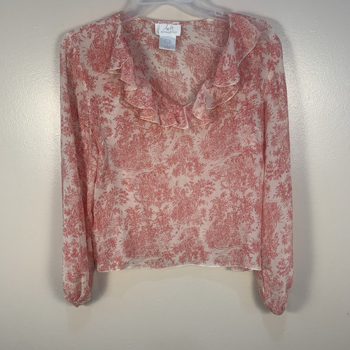 Soft Surroundings Vintage 100% Silk Tree Print V Neck Ruffle Blouse Red Size S