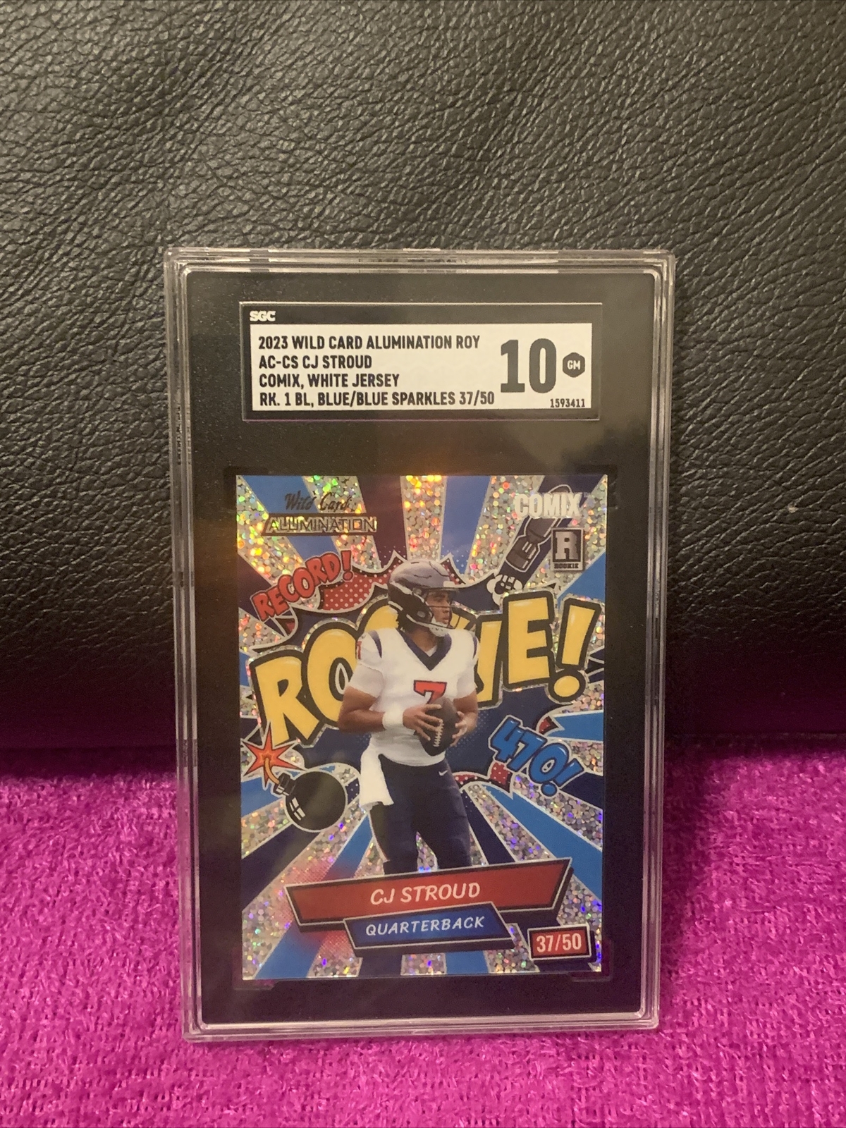 2023 WILD CARD ALUMINATION ROY CJ STROUD COMIX ROOKIE BLUE SPARKLES #d/50 SGC 10