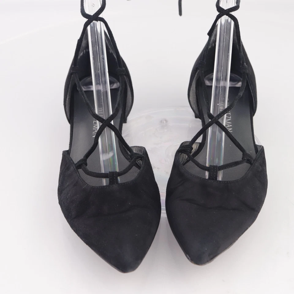 Stuart Weitzman Mujer Gilligan Plano Talla 7 Tobillo Envolvente Corbata Ballet Negro Gamuza Foto 4 de 4