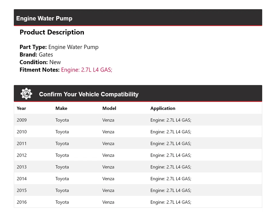 Para Toyota Venza 2009-2016 2,7 L L4 motor de gas bomba de agua puertas 2010 2011 2012 Foto 2 de 4