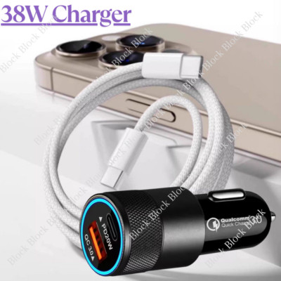 Dual USB-C Type C PD QC 38W Fast Car Charger Cable For iPhone 15 16 Plus Pro Max