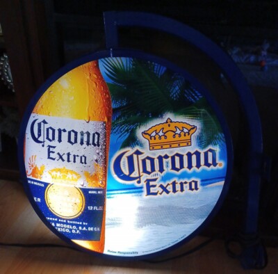 CORONA EXTRA BEER LIGHTED  BAR SIGN TWO SIDED WITH WALL  MOUNTING BRACKET 