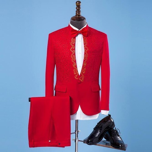 Mens Stand Collar Long Sleeve Blazer and Pants Foreign Traditional Wedding Tuxedo - White main image 0